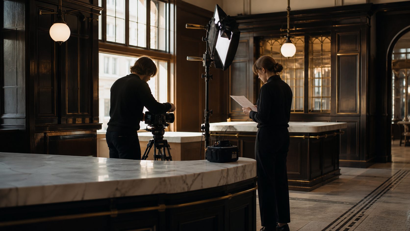 Sfeerreferentie van een contentteam dat camera, licht en shotlijst voorbereidt